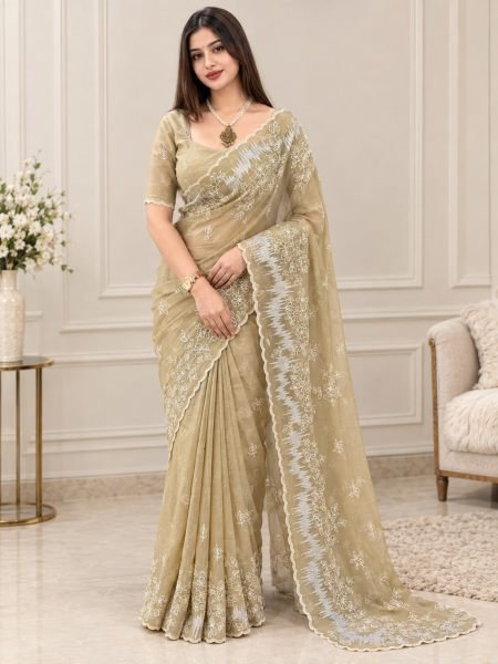 Gorgeous Cream Designer Melborne Silk Saree with Full Border Zari Work at Wholesale Rate 
