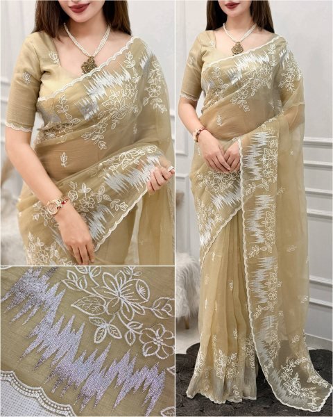 Gorgeous Cream Designer Melborne Silk Saree with Full Border Zari Work at Wholesale Rate Embroidery Sarees Wholesale