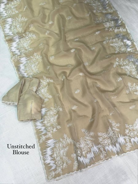 Gorgeous Cream Designer Melborne Silk Saree with Full Border Zari Work at Wholesale Rate Embroidery Sarees Wholesale