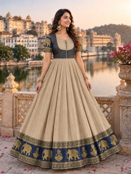 Gorgeous Cream Festival Wear Chettinad Cotton Jacket Style Anarkali Gown for South Indian Festival 