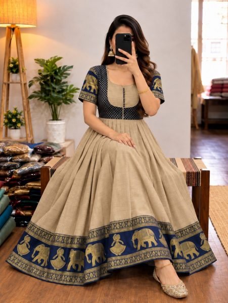 Gorgeous Cream Festival Wear Chettinad Cotton Jacket Style Anarkali Gown for South Indian Festival Anarkali Kurtis 