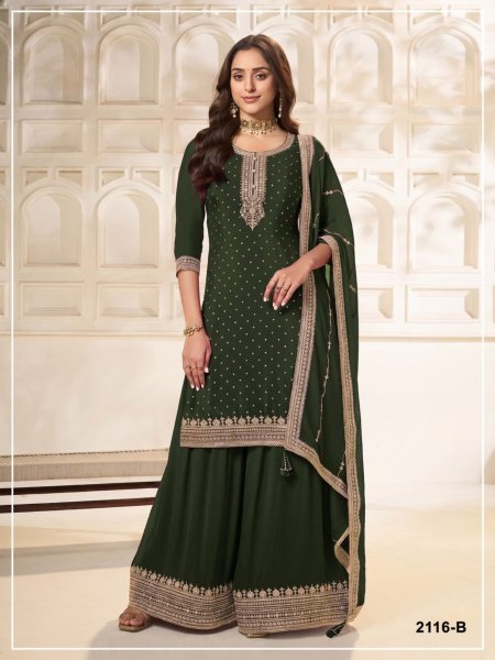 Gorgeous Dark Green Wedding Special Dola Silk Suit Material with Designer Chinon Silk Dupatta 