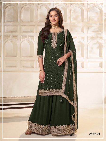 Gorgeous Dark Green Wedding Special Dola Silk Suit Material with Designer Chinon Silk Dupatta Designer Plazzo Salwar Suits Wholesale