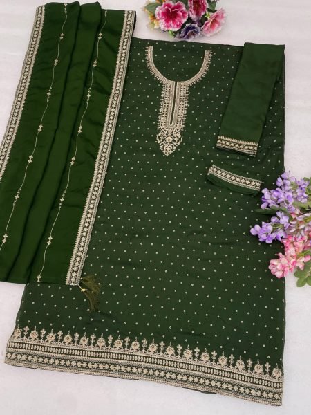 Gorgeous Dark Green Wedding Special Dola Silk Suit Material with Designer Chinon Silk Dupatta Designer Plazzo Salwar Suits Wholesale