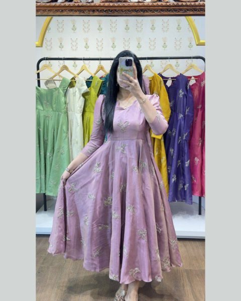 Gorgeous Dusty Pink Chinnon Silk Bead Work Flared Gown for Festive and Wedding Collection Anarkali Kurtis 