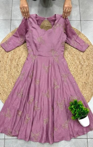 Gorgeous Dusty Pink Chinnon Silk Bead Work Flared Gown for Festive and Wedding Collection Anarkali Kurtis 