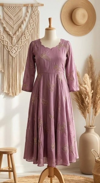 Gorgeous Dusty Pink Chinnon Silk Bead Work Flared Gown for Festive and Wedding Collection Anarkali Kurtis 