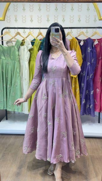 Gorgeous Dusty Pink Chinnon Silk Bead Work Flared Gown for Festive and Wedding Collection Anarkali Kurtis 
