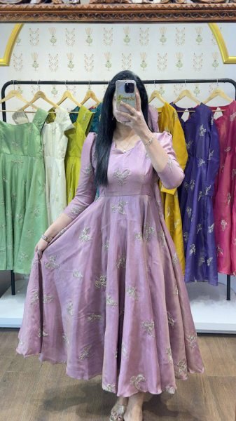 Gorgeous Dusty Pink Chinnon Silk Bead Work Flared Gown for Festive and Wedding Collection Anarkali Kurtis 