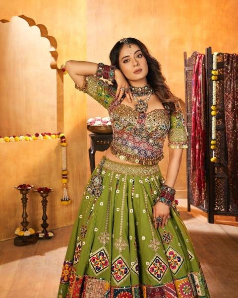 Gorgeous Green Color Navratri Outfit With Real Mirror And Kodi Work For Garba Nights Navratri Lehnega Choli