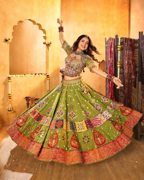 Gorgeous Green Color Navratri Outfit With Real Mirror And Kodi Work For Garba Nights Navratri Lehnega Choli