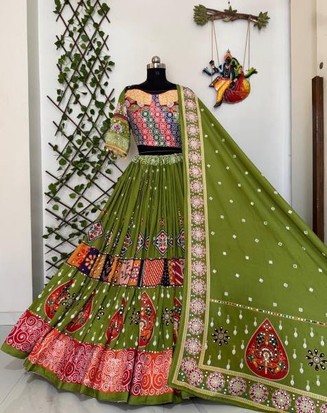Gorgeous Green Color Navratri Outfit With Real Mirror And Kodi Work For Garba Nights Navratri Lehnega Choli