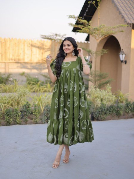 Gorgeous Green Cotton Long Kurti with Stylish Frill Pattern for Summer Collection Kurtis