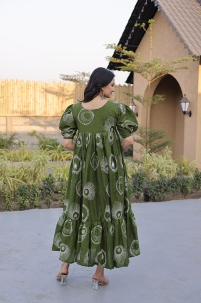 Gorgeous Green Cotton Long Kurti with Stylish Frill Pattern for Summer Collection Printed Kurtis