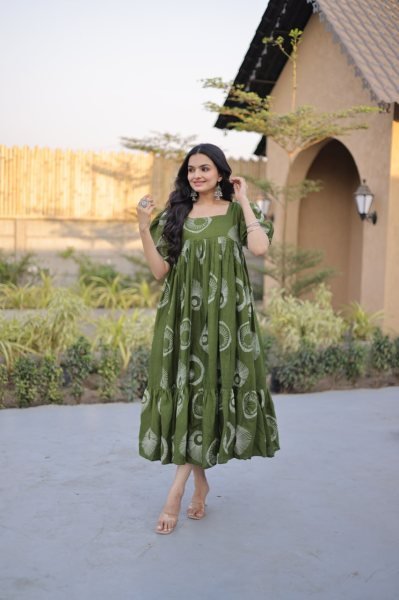 Gorgeous Green Cotton Long Kurti with Stylish Frill Pattern for Summer Collection Printed Kurtis
