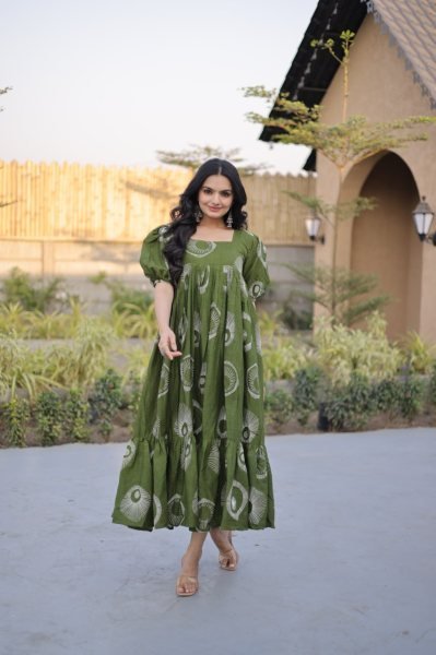 Gorgeous Green Cotton Long Kurti with Stylish Frill Pattern for Summer Collection Printed Kurtis