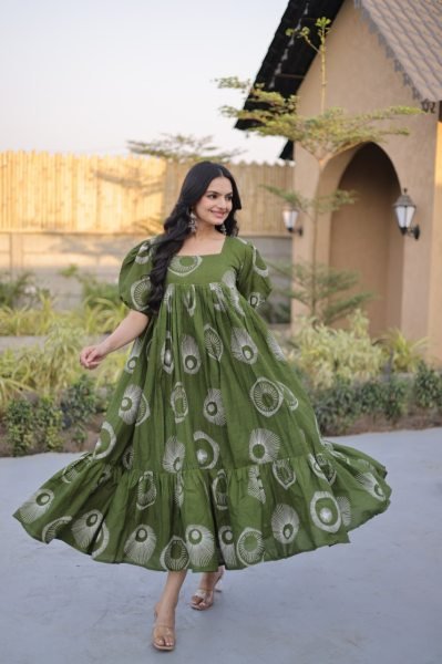 Gorgeous Green Cotton Long Kurti with Stylish Frill Pattern for Summer Collection Printed Kurtis