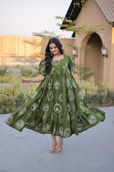 Gorgeous Green Cotton Long Kurti with Stylish Frill Pattern for Summer Collection Printed Kurtis