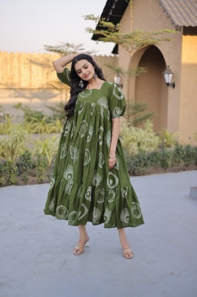 Gorgeous Green Cotton Long Kurti with Stylish Frill Pattern for Summer Collection Printed Kurtis