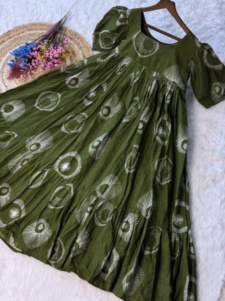 Gorgeous Green Cotton Long Kurti with Stylish Frill Pattern for Summer Collection Printed Kurtis