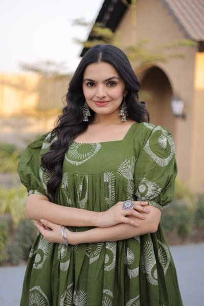 Gorgeous Green Cotton Long Kurti with Stylish Frill Pattern for Summer Collection Printed Kurtis