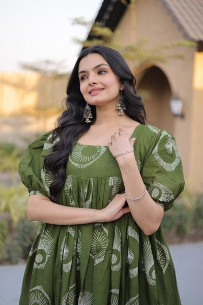 Gorgeous Green Cotton Long Kurti with Stylish Frill Pattern for Summer Collection Printed Kurtis