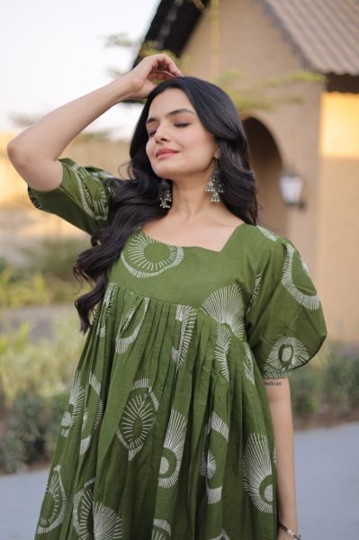 Gorgeous Green Cotton Long Kurti with Stylish Frill Pattern for Summer Collection Printed Kurtis
