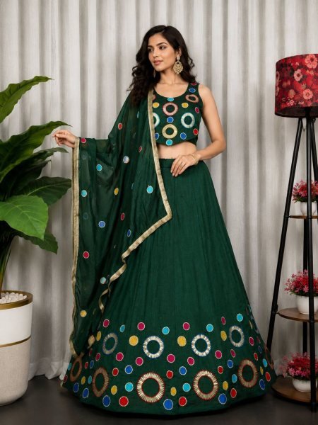 Gorgeous Green Embroidered Vichitra Silk Lehenga Choli for Wedding Wear  Lehenga