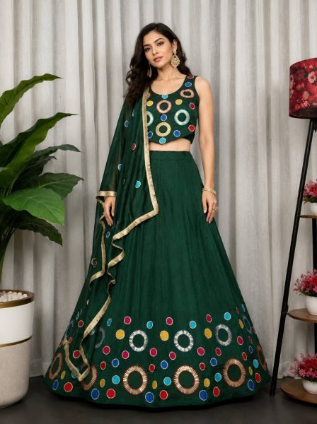 Gorgeous Green Embroidered Vichitra Silk Lehenga Choli for Wedding Wear Navratri Lehnega Choli