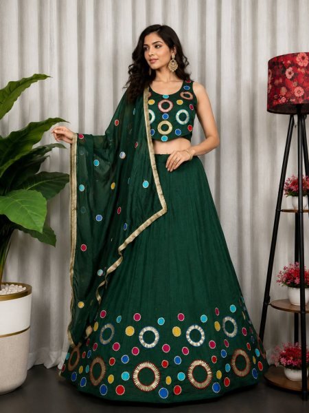 Gorgeous Green Embroidered Vichitra Silk Lehenga Choli for Wedding Wear Navratri Lehnega Choli