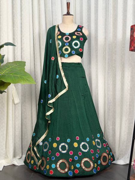 Gorgeous Green Embroidered Vichitra Silk Lehenga Choli for Wedding Wear Navratri Lehnega Choli