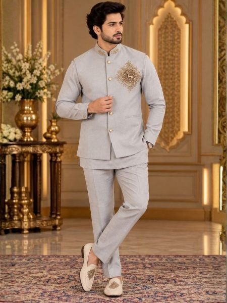 Gorgeous Grey Designer Koti Shirt Polo Pant Set with Hand Embroidery for Festival 