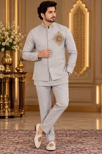 Gorgeous Grey Designer Koti Shirt Polo Pant Set with Hand Embroidery for Festival Mens Shirt