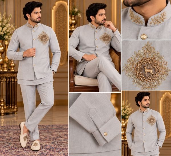 Gorgeous Grey Designer Koti Shirt Polo Pant Set with Hand Embroidery for Festival Mens Shirt
