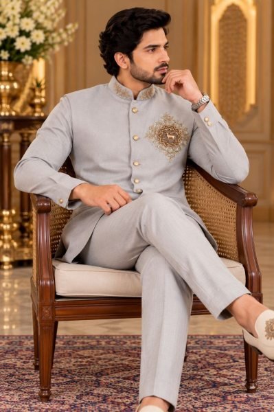 Gorgeous Grey Designer Koti Shirt Polo Pant Set with Hand Embroidery for Festival Mens Shirt