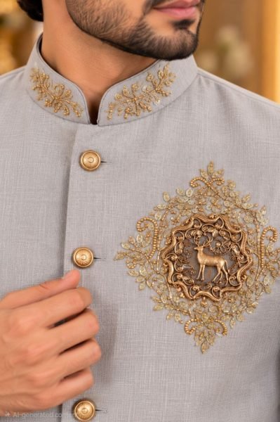 Gorgeous Grey Designer Koti Shirt Polo Pant Set with Hand Embroidery for Festival Mens Shirt