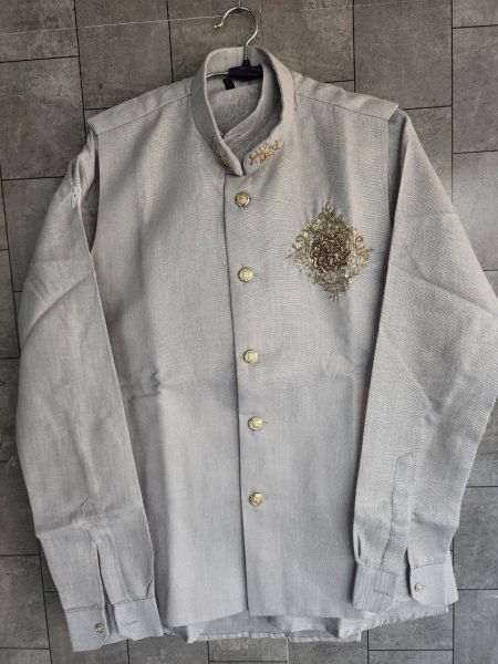 Gorgeous Grey Designer Koti Shirt Polo Pant Set with Hand Embroidery for Festival Mens Shirt