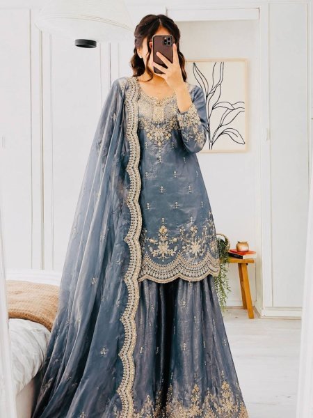 Gorgeous Grey Fendy Satin Sharara Suits With Round Neck Top Using Embroidery Work  Ready To Wear Suit