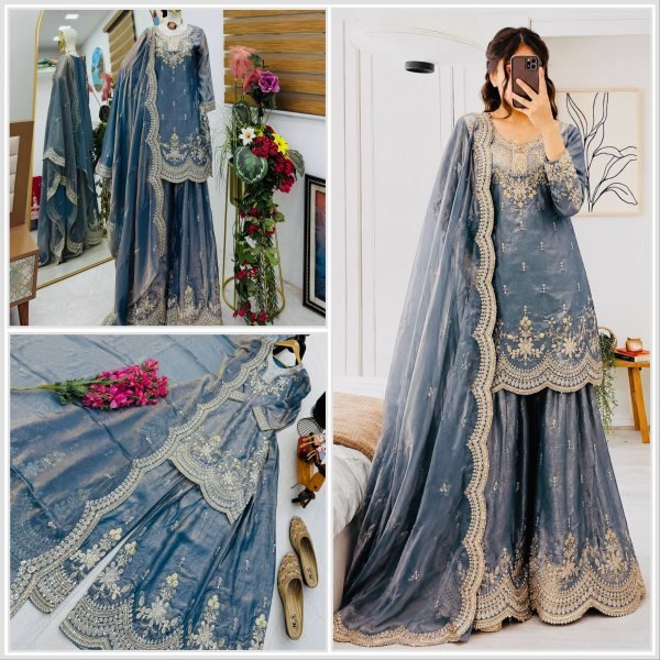Gorgeous Grey Fendy Satin Sharara Suits With Round Neck Top Using Embroidery Work  Ready To Wear Collection