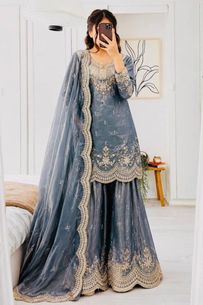 Gorgeous Grey Fendy Satin Sharara Suits With Round Neck Top Using Embroidery Work  Ready To Wear Collection