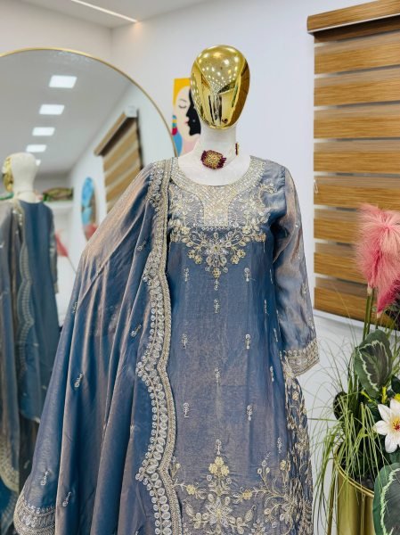 Gorgeous Grey Fendy Satin Sharara Suits With Round Neck Top Using Embroidery Work  Ready To Wear Collection