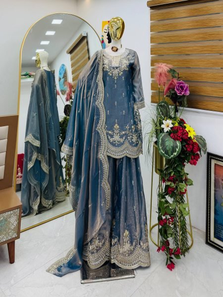Gorgeous Grey Fendy Satin Sharara Suits With Round Neck Top Using Embroidery Work  Ready To Wear Collection