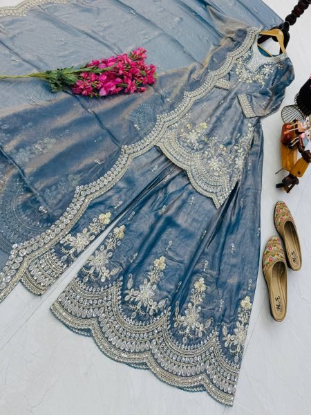 Gorgeous Grey Fendy Satin Sharara Suits With Round Neck Top Using Embroidery Work  Ready To Wear Collection