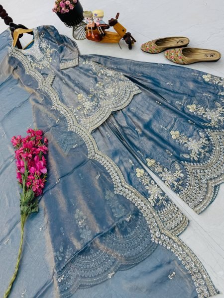 Gorgeous Grey Fendy Satin Sharara Suits With Round Neck Top Using Embroidery Work  Ready To Wear Collection