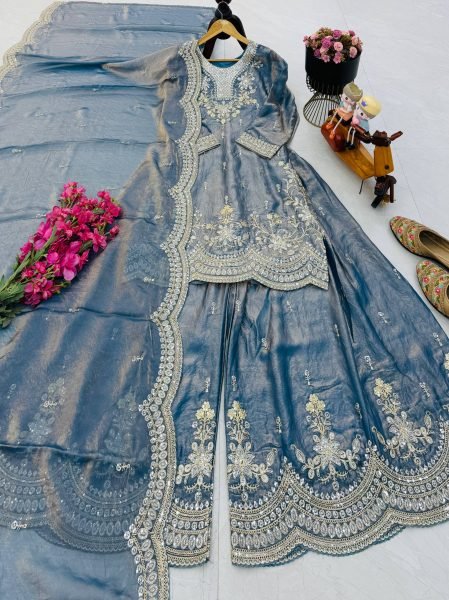 Gorgeous Grey Fendy Satin Sharara Suits With Round Neck Top Using Embroidery Work  Ready To Wear Collection