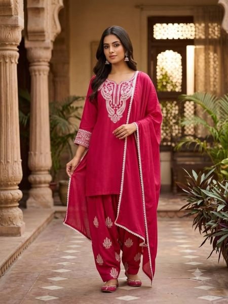 Gorgeous Hot Pink Designer Sushi Silk Farsi Suit Set with Embroidery Work at Manufacturer  Ready To Wear Suit