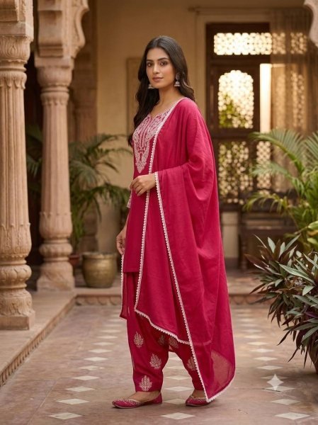 Gorgeous Hot Pink Designer Sushi Silk Farsi Suit Set with Embroidery Work at Manufacturer  Ready To Wear Collection