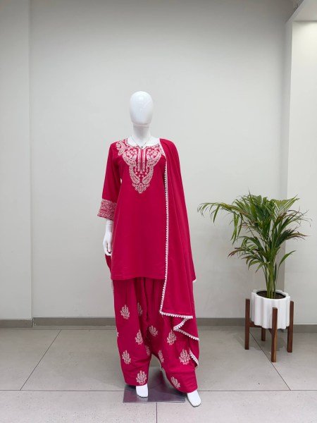 Gorgeous Hot Pink Designer Sushi Silk Farsi Suit Set with Embroidery Work at Manufacturer  Ready To Wear Collection
