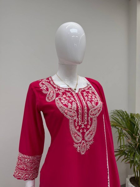 Gorgeous Hot Pink Designer Sushi Silk Farsi Suit Set with Embroidery Work at Manufacturer  Ready To Wear Collection