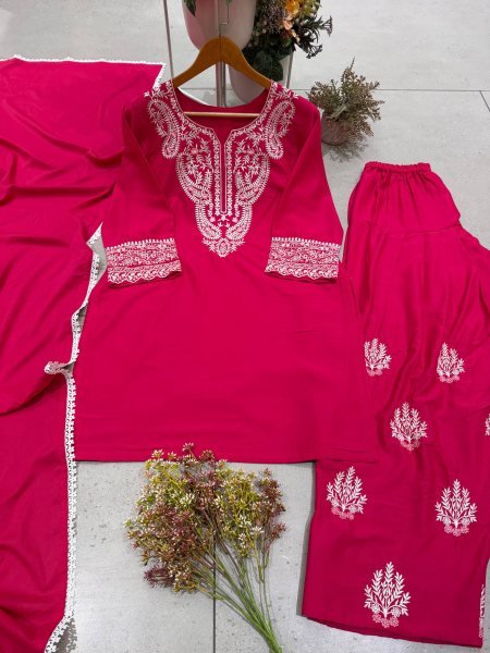Gorgeous Hot Pink Designer Sushi Silk Farsi Suit Set with Embroidery Work at Manufacturer  Ready To Wear Collection